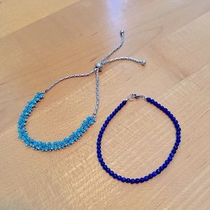 2 Blue Bracelets Silver Adjustable Boho Chic Jewelry Beaded Anklet Mix and Match